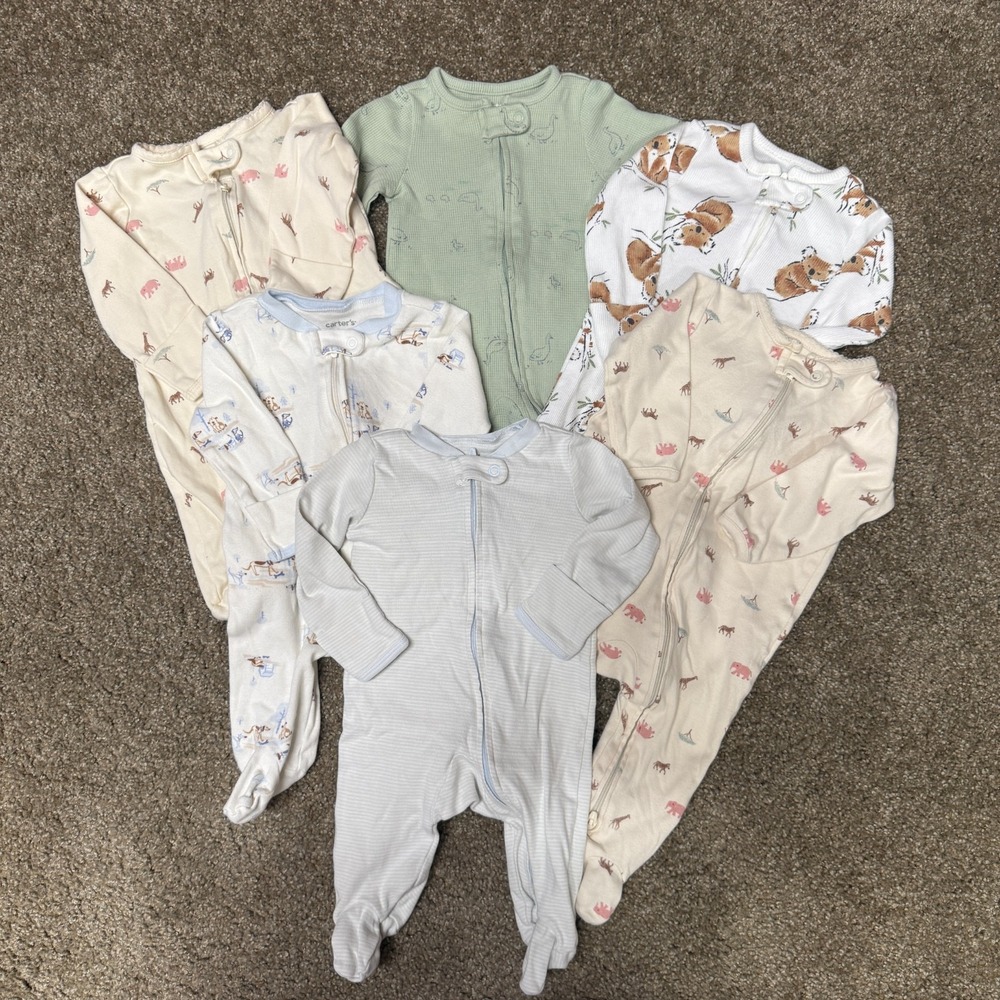 Carter's Rompers Lot Of 6 Child Of Mine Sleepwear Baby 0-3 Months Animal Print